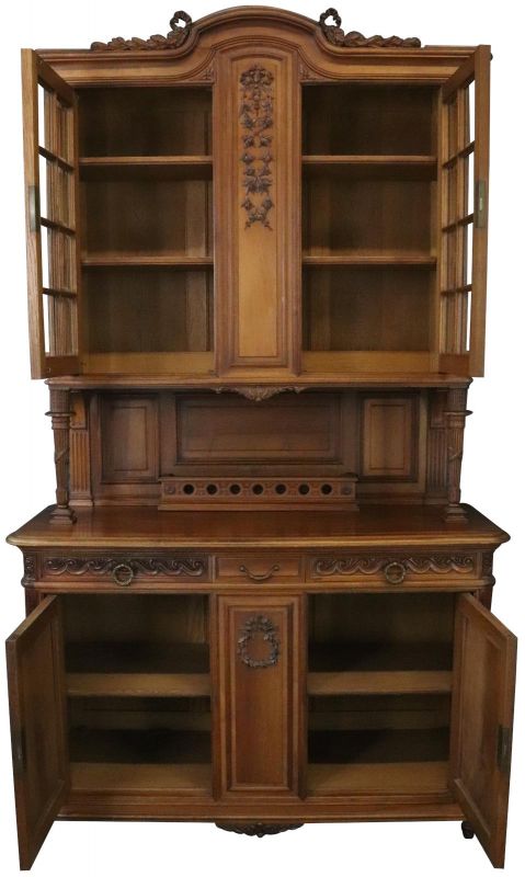Buffet Louis XVI Antique French Walnut 1900 Glass Doors Pretty Carvings