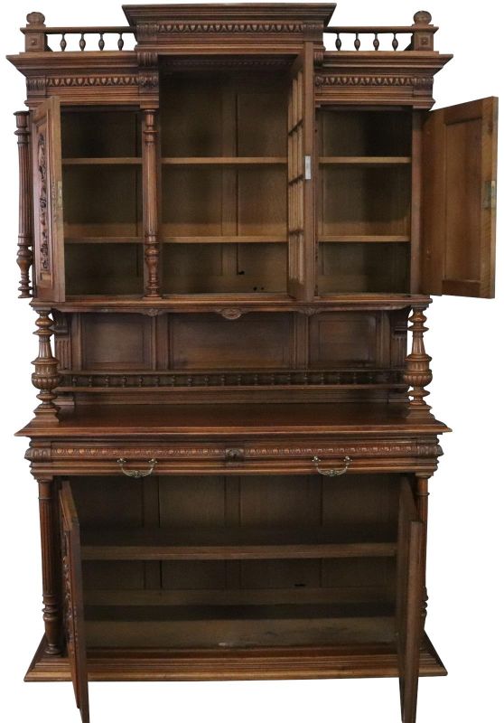 Buffet Henry II Renaissance Antique French 1900 Carved Walnut Glass Pane Door