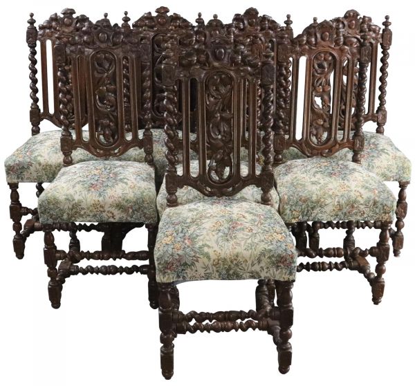 Dining Chairs Set 8 Antique French 1880 Handsome Carved Oak Tapestry Upholstery