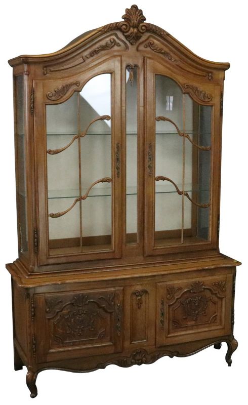 China Cabinet Louis XV Rococo Vintage French 1950 Oak Wood Glass Doors