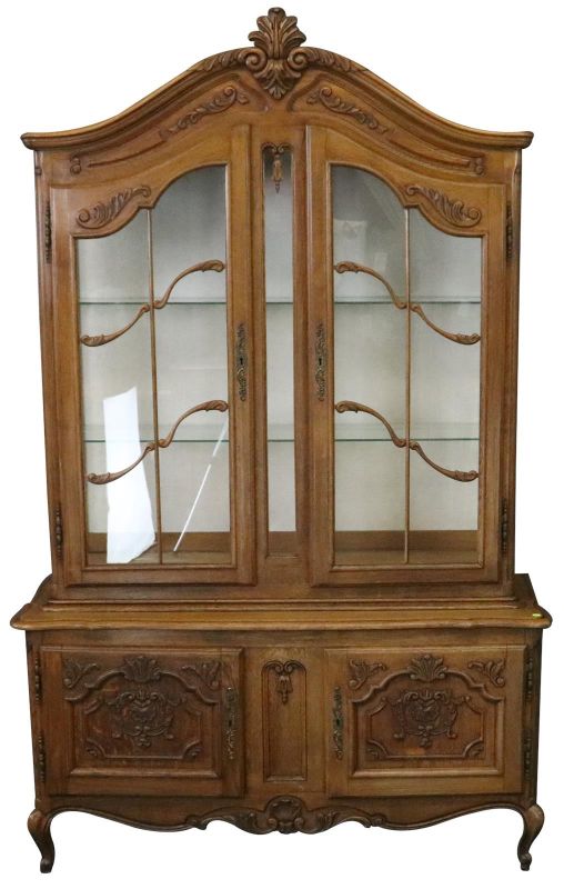 China Cabinet Louis XV Rococo Vintage French 1950 Oak Wood Glass Doors