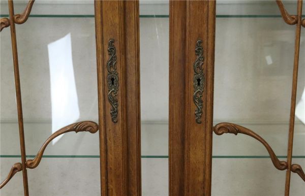China Cabinet Louis XV Rococo Vintage French 1950 Oak Wood Glass Doors