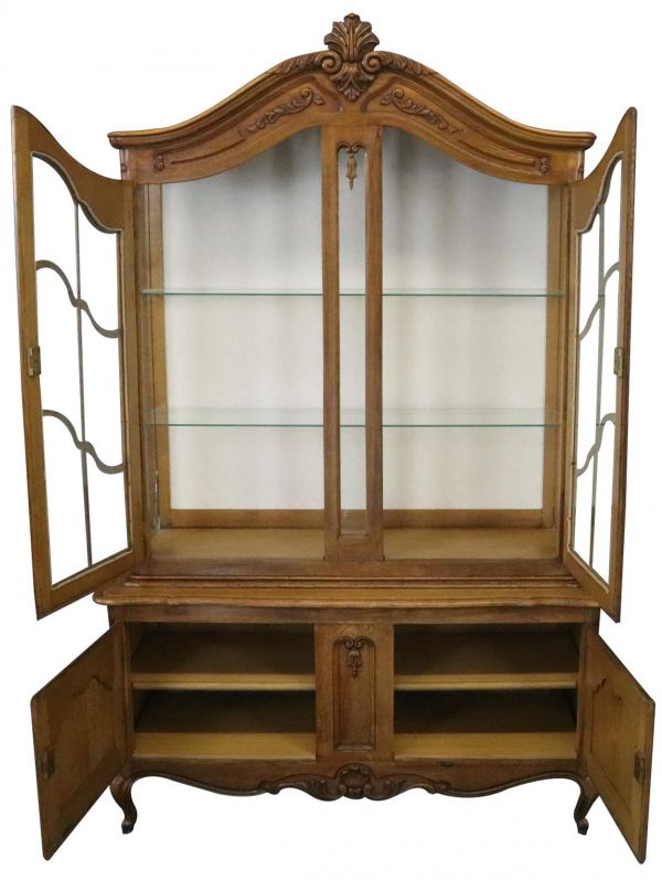 China Cabinet Louis XV Rococo Vintage French 1950 Oak Wood Glass Doors