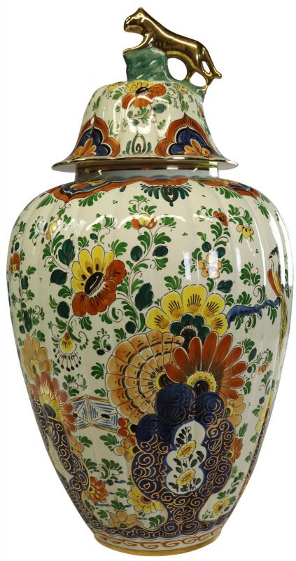 Vase Polychrome Delft 1930 Flowers Birds Lion Green Orange Gold Blue HandPainted