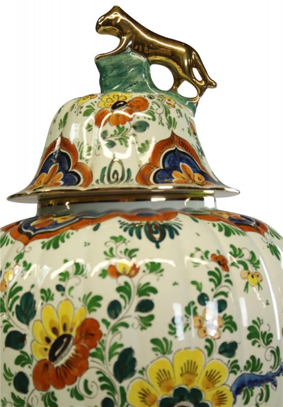 Vase Polychrome Delft 1930 Flowers Birds Lion Green Orange Gold Blue HandPainted