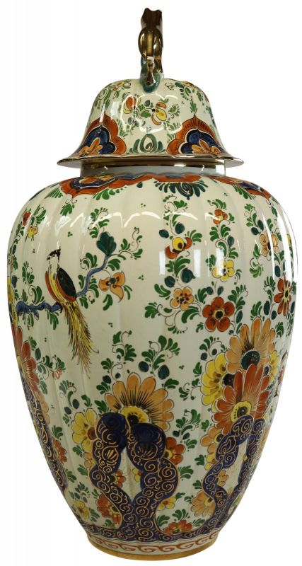 Vase Polychrome Delft 1930 Flowers Birds Lion Green Orange Gold Blue HandPainted