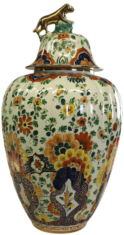 Vase Polychrome Delft 1930 Flowers Birds Lion Green Orange Gold Blue HandPainted