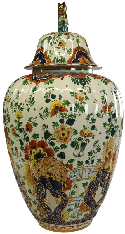 Vase Polychrome Delft 1930 Flowers Birds Lion Green Orange Gold Blue HandPainted