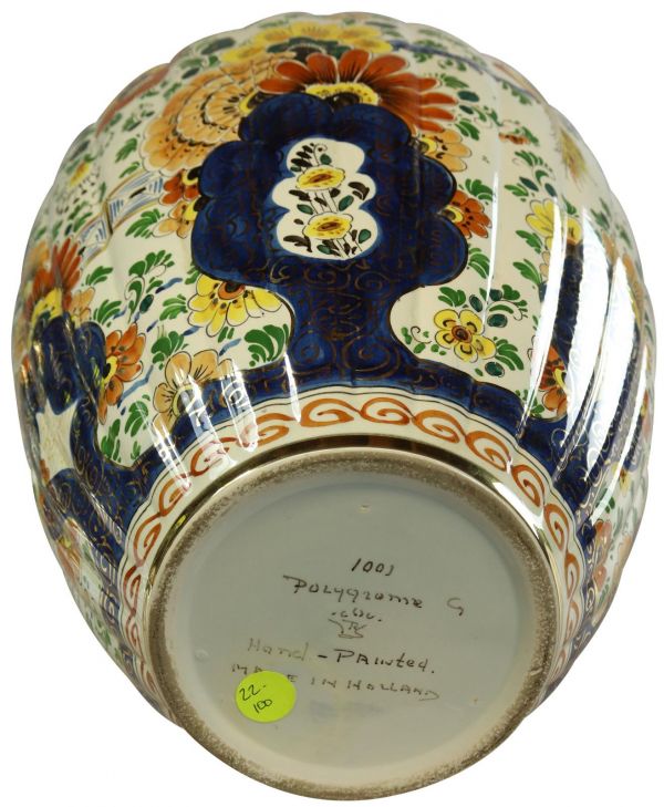 Vase Polychrome Delft 1930 Flowers Birds Lion Green Orange Gold Blue HandPainted