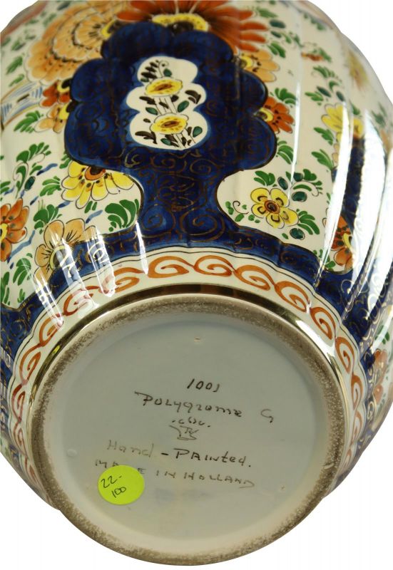 Vase Polychrome Delft 1930 Flowers Birds Lion Green Orange Gold Blue HandPainted