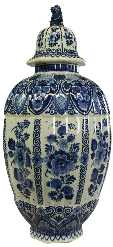 Vase Delftse Pauw Blue White Vintage Delft Hand-Painted Flowers Lion Lid Ceramic