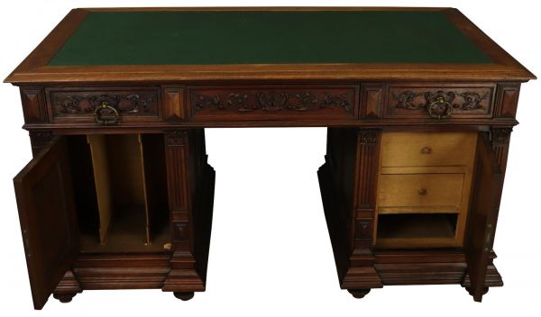Partners Desk Renaissance French 1890 Carved Music Horns Walnut Green Leather
