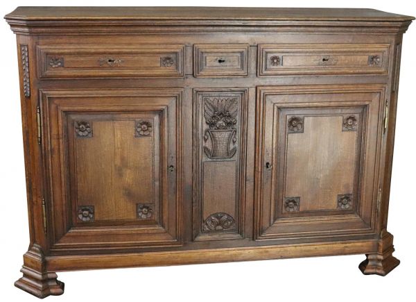 Sideboard French Country Farmhouse Antique 1800 Oak Wood Carved Flowers