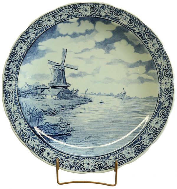 Vintage Plate Signed Chattel Boch Blue Delft Windmill White Black Cerami