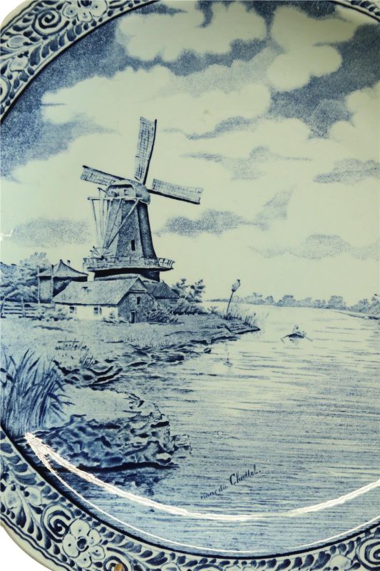 Vintage Plate Signed Chattel Boch Blue Delft Windmill White Black Cerami