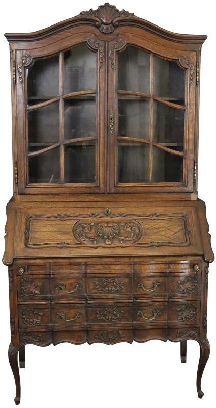 Secretary Bookcase French Country Farmhouse Vintage 1930 Oak Wood Paned Glass