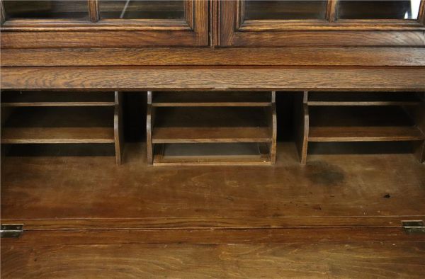 Secretary Bookcase French Country Farmhouse Vintage 1930 Oak Wood Paned Glass