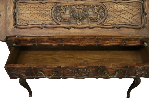 Secretary Bookcase French Country Farmhouse Vintage 1930 Oak Wood Paned Glass