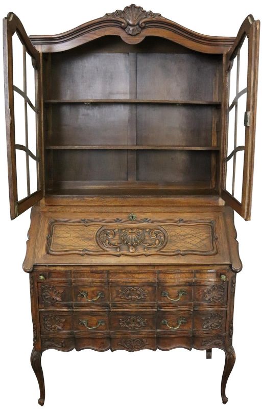 Secretary Bookcase French Country Farmhouse Vintage 1930 Oak Wood Paned Glass