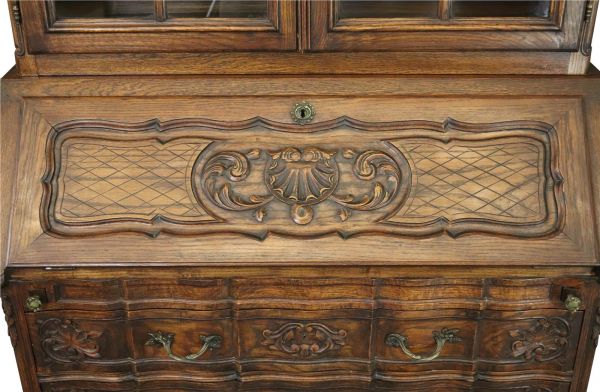 Secretary Bookcase French Country Farmhouse Vintage 1930 Oak Wood Paned Glass