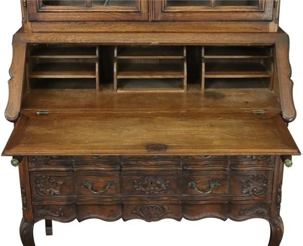 Secretary Bookcase French Country Farmhouse Vintage 1930 Oak Wood Paned Glass