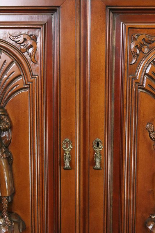 Cabinet Renaissance Knight Carved Mahogany Vintage Spanish Glass Shelves Mirror