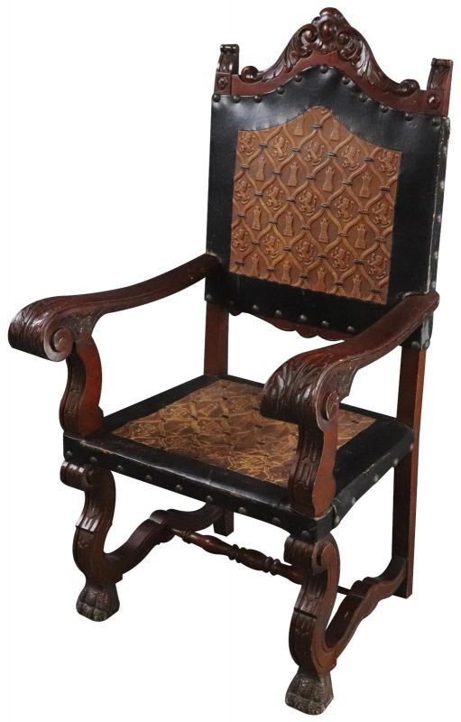 Arm Chair Renaissance Castle Lions Embossed Leather Mahogany Wood Brown Black