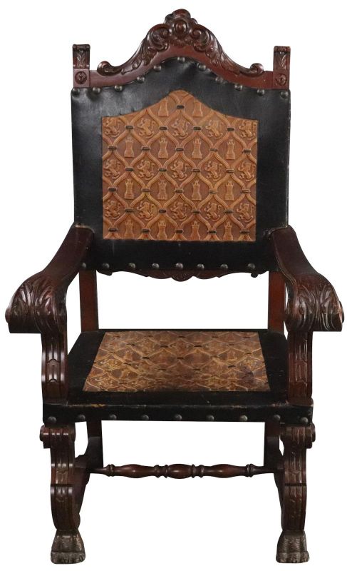 Arm Chair Renaissance Castle Lions Embossed Leather Mahogany Wood Brown Black