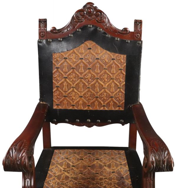 Arm Chair Renaissance Castle Lions Embossed Leather Mahogany Wood Brown Black