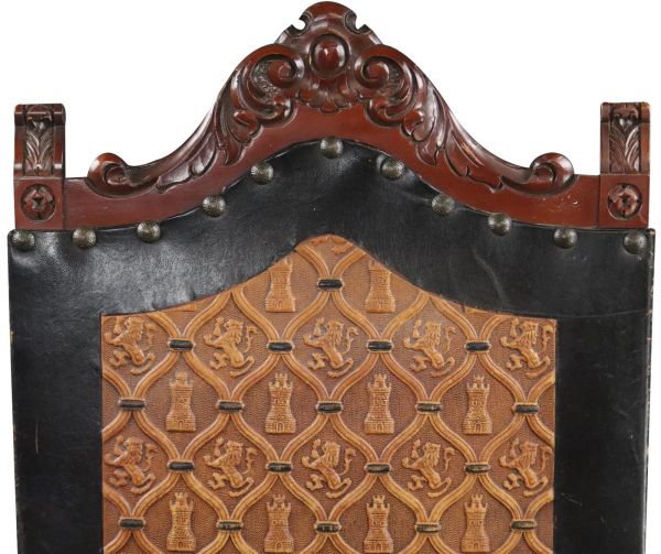 Arm Chair Renaissance Castle Lions Embossed Leather Mahogany Wood Brown Black