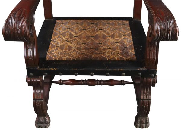 Arm Chair Renaissance Castle Lions Embossed Leather Mahogany Wood Brown Black