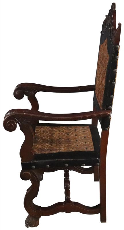 Arm Chair Renaissance Castle Lions Embossed Leather Mahogany Wood Brown Black