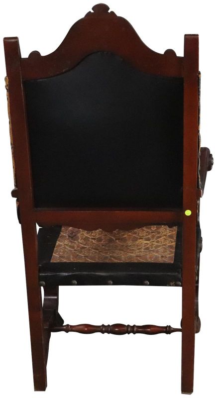 Arm Chair Renaissance Castle Lions Embossed Leather Mahogany Wood Brown Black