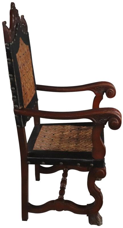 Arm Chair Renaissance Castle Lions Embossed Leather Mahogany Wood Brown Black