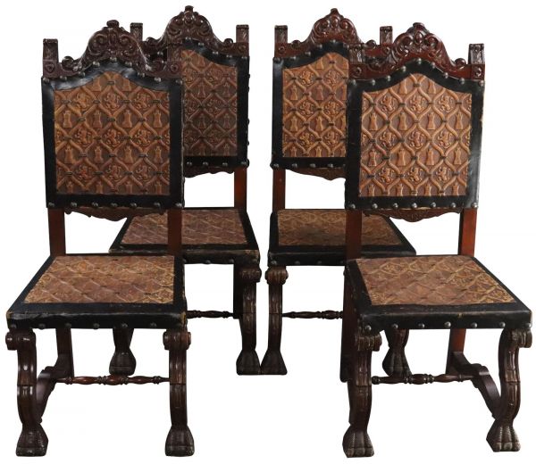 Dining Chairs Renaissance Castle Lions Set 4 Embossed Leather Mahogany Wood