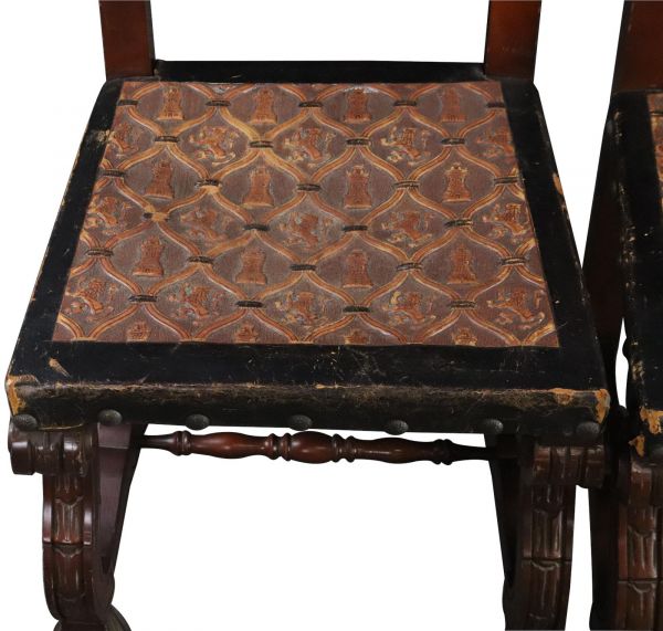Dining Chairs Renaissance Castle Lions Set 4 Embossed Leather Mahogany Wood