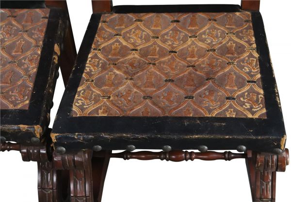 Dining Chairs Renaissance Castle Lions Set 4 Embossed Leather Mahogany Wood