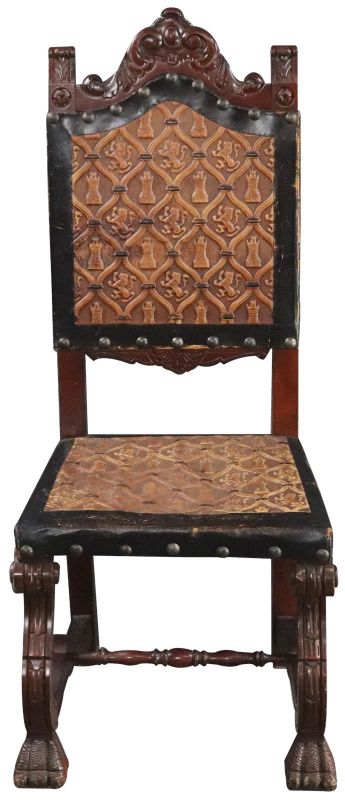 Dining Chairs Renaissance Castle Lions Set 4 Embossed Leather Mahogany Wood