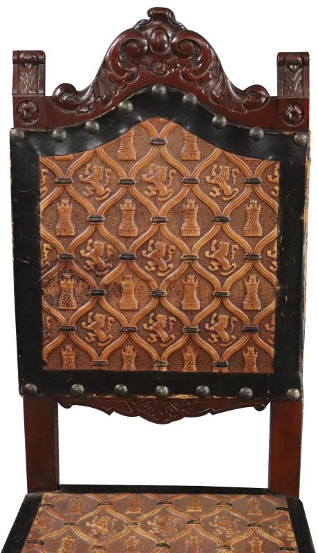 Dining Chairs Renaissance Castle Lions Set 4 Embossed Leather Mahogany Wood