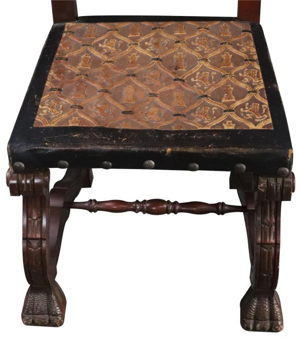 Dining Chairs Renaissance Castle Lions Set 4 Embossed Leather Mahogany Wood