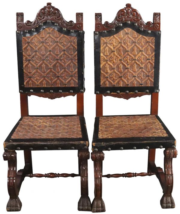 Dining Chairs Renaissance Castle Lions Set 4 Embossed Leather Mahogany Wood