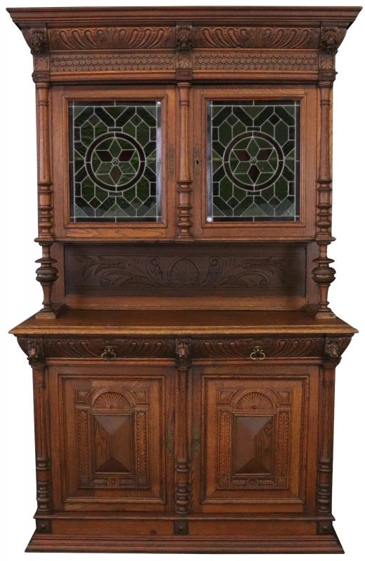 Buffet Mechelen Renaissance Antique 1890 Oak Wood Green Red Stained Glass