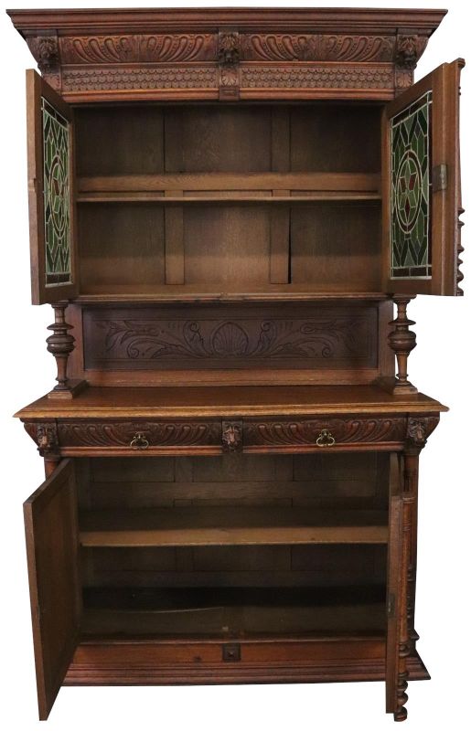 Buffet Mechelen Renaissance Antique 1890 Oak Wood Green Red Stained Glass
