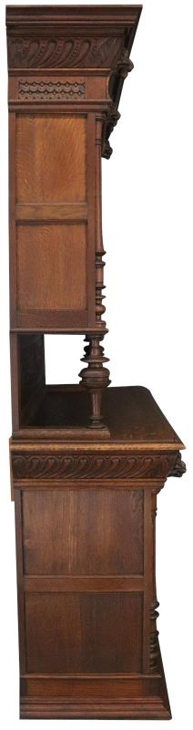 Buffet Mechelen Renaissance Antique 1890 Oak Wood Green Red Stained Glass