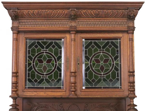 Buffet Mechelen Renaissance Antique 1890 Oak Wood Green Red Stained Glass