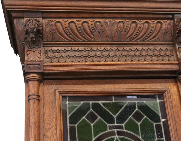 Buffet Mechelen Renaissance Antique 1890 Oak Wood Green Red Stained Glass