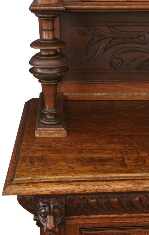 Buffet Mechelen Renaissance Antique 1890 Oak Wood Green Red Stained Glass