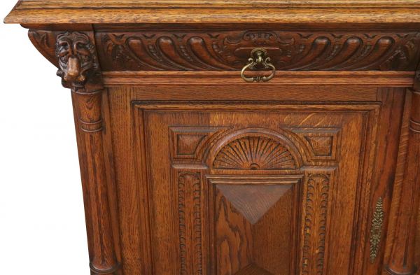 Buffet Mechelen Renaissance Antique 1890 Oak Wood Green Red Stained Glass