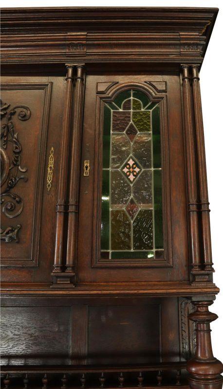 Buffet Henry II Antique French Renaissance Carved Oak Green Stained Glass 1900