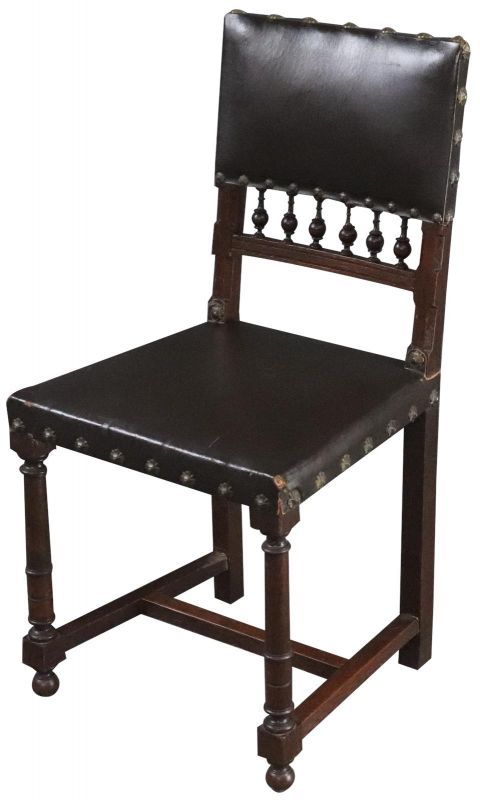 Dining Chairs Henry II Renaissance Walnut Brown Leather 1920 French Set 6